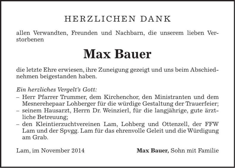 Traueranzeige Max Bauer