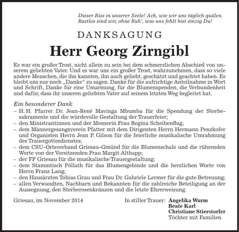 Traueranzeige Georg Zirngibl