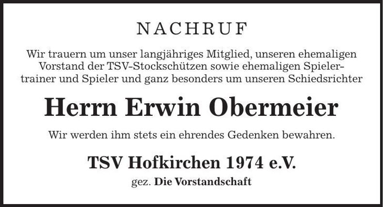 Traueranzeige Erwin Obermeier