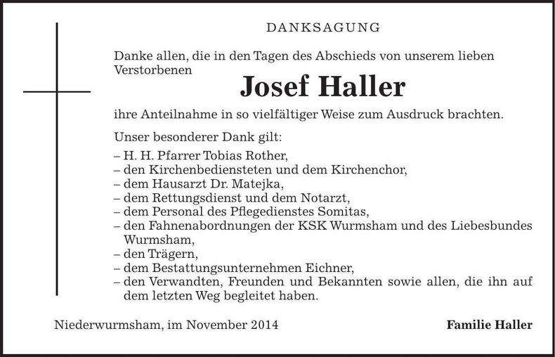 Traueranzeige Josef Haller