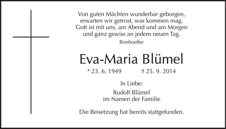 Traueranzeige Eva-Maria Blümel