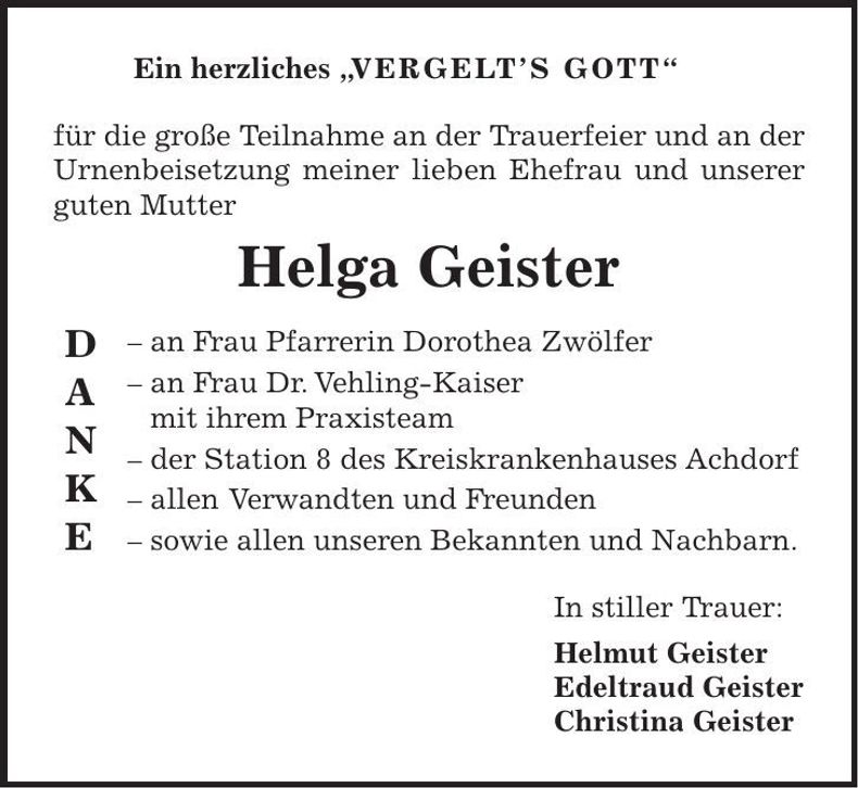 Traueranzeige Helga Geister