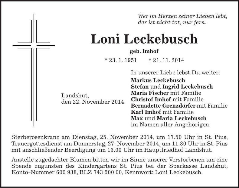 Traueranzeige Loni Leckebusch