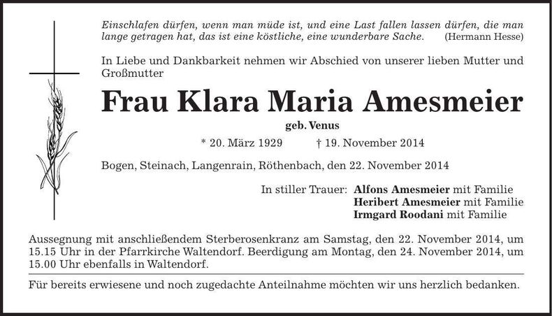 Traueranzeige Klara Maria Amesmeier