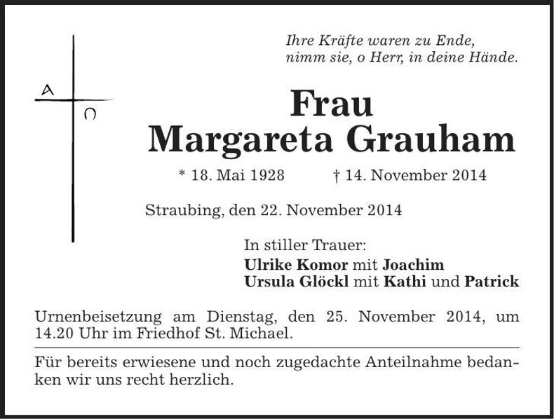 Traueranzeige Margareta Grauham