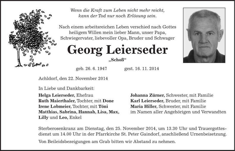 Traueranzeige Georg Leierseder