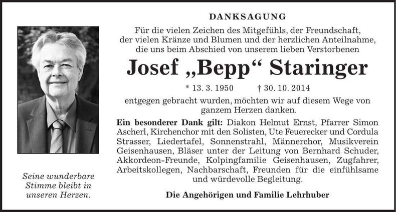 Traueranzeige Josef Staringer