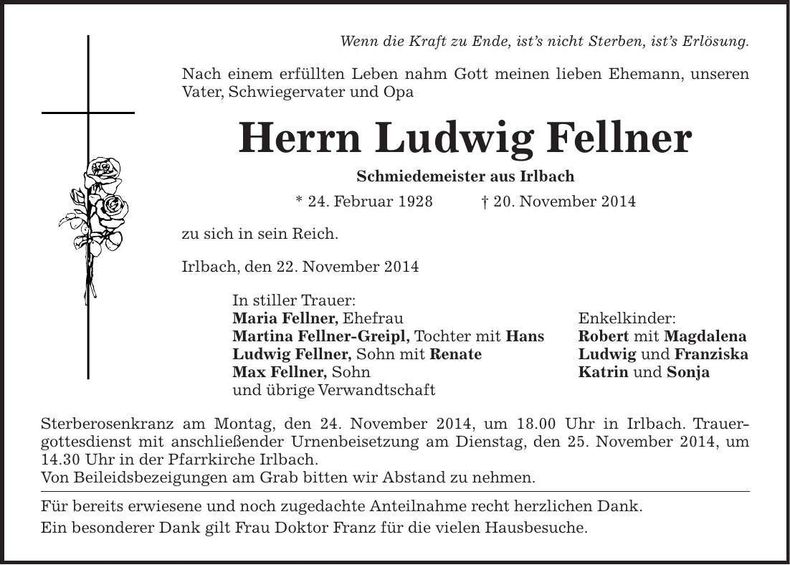 Traueranzeige Ludwig Fellner