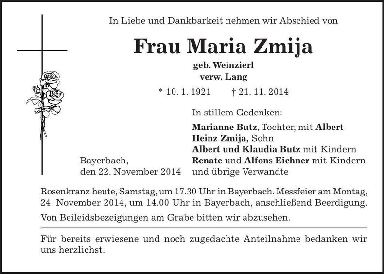 Traueranzeige Maria Zmija