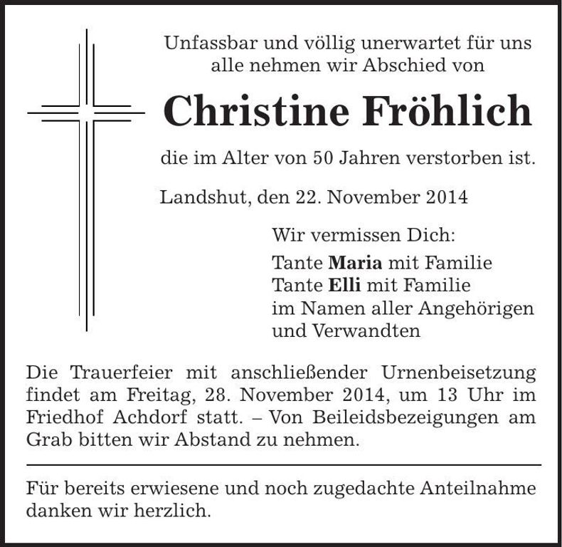 Traueranzeige Christine Fröhlich