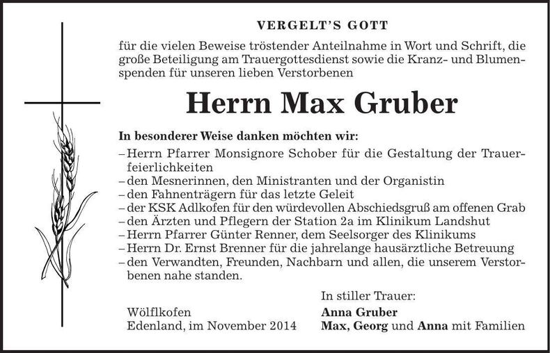Traueranzeige Max Gruber