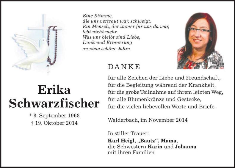 Traueranzeige Erika Schwarzfischer