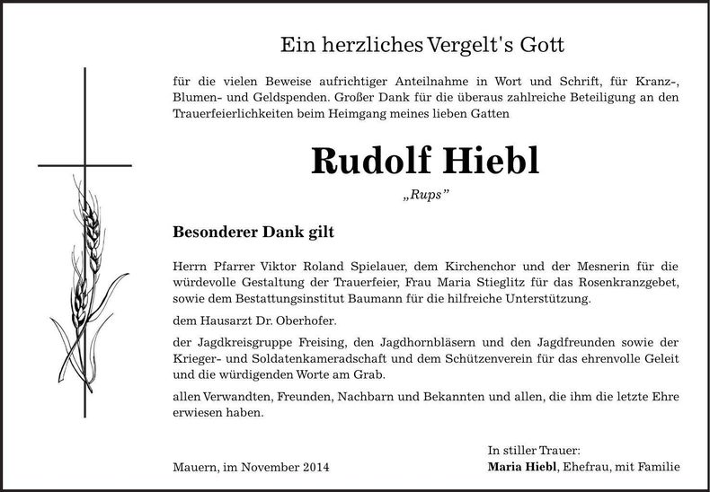 Traueranzeige Rudolf Hiebl