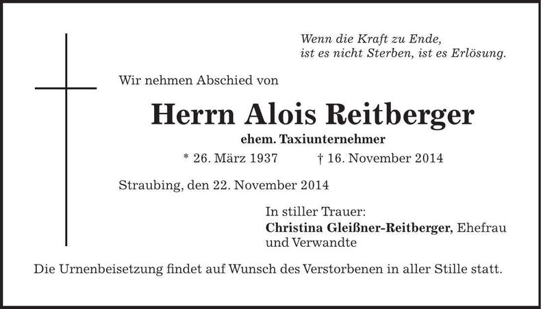 Traueranzeige Alois Reitberger