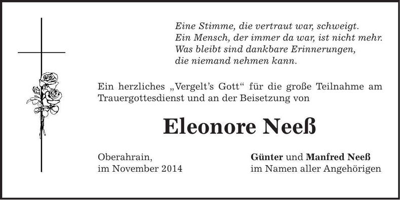 Traueranzeige Eleonore Neeß