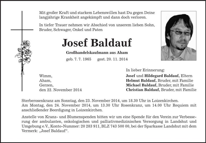 Traueranzeige Josef Baldauf