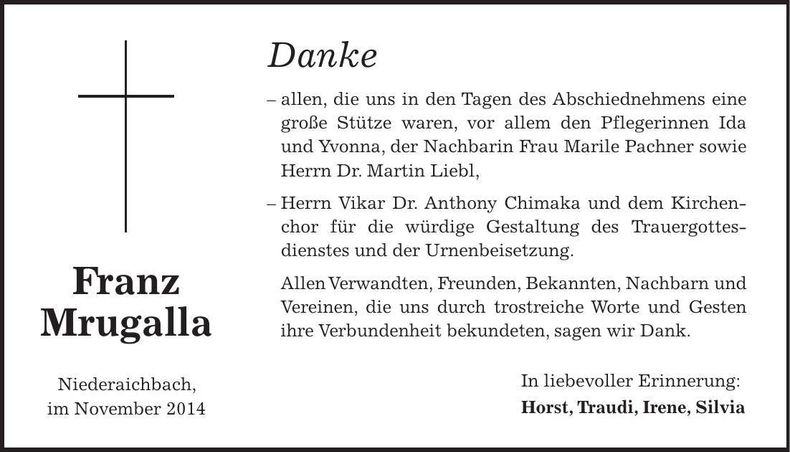 Traueranzeige Franz Mrugalla