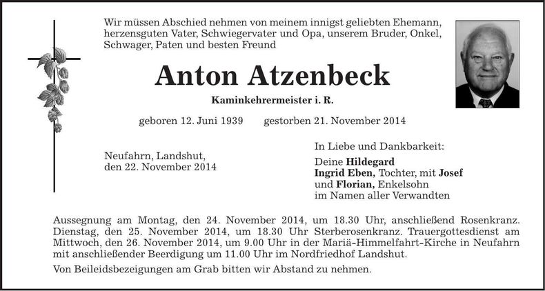 Traueranzeige Anton Atzenbeck