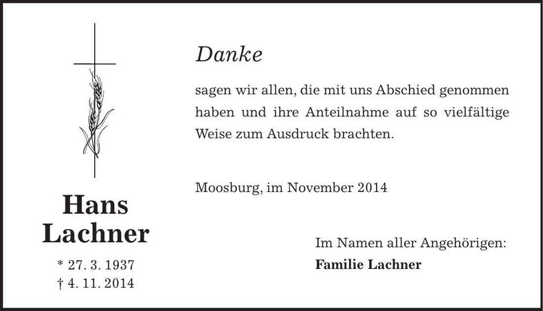 Traueranzeige Hans Lachner
