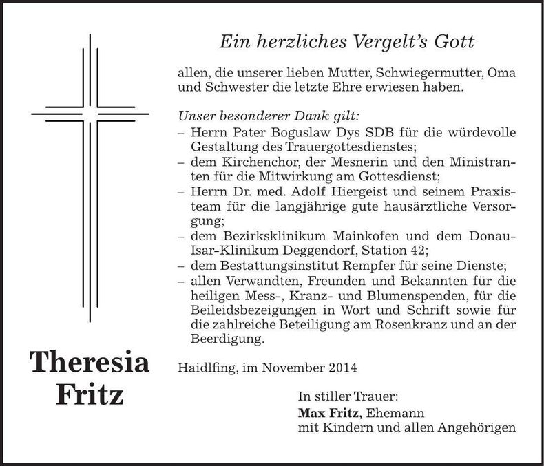 Traueranzeige Theresia Fritz
