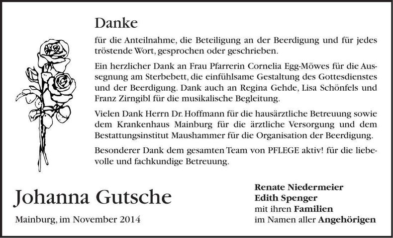 Traueranzeige Johanna Gutsche