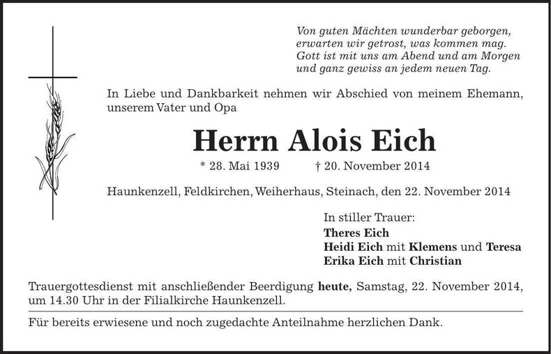 Traueranzeige Alois Eich