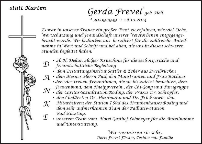 Traueranzeige Gerda Frevel