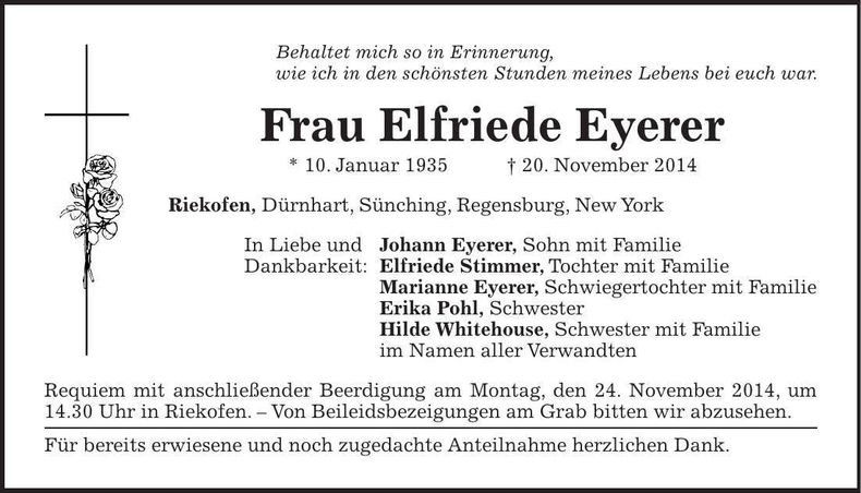 Traueranzeige Elfriede Eyerer