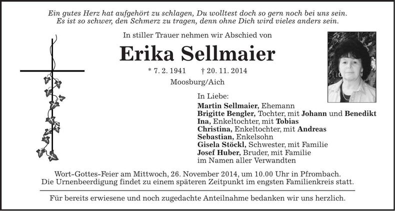 Traueranzeige Erika Sellmaier