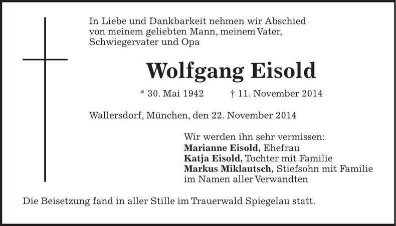 Traueranzeige Wolfgang Eisold