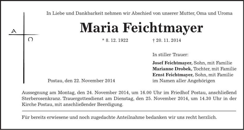 Traueranzeige Maria Feichtmayer