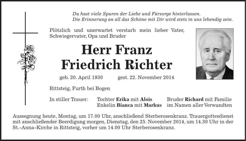 Traueranzeige Franz Friedrich Richter