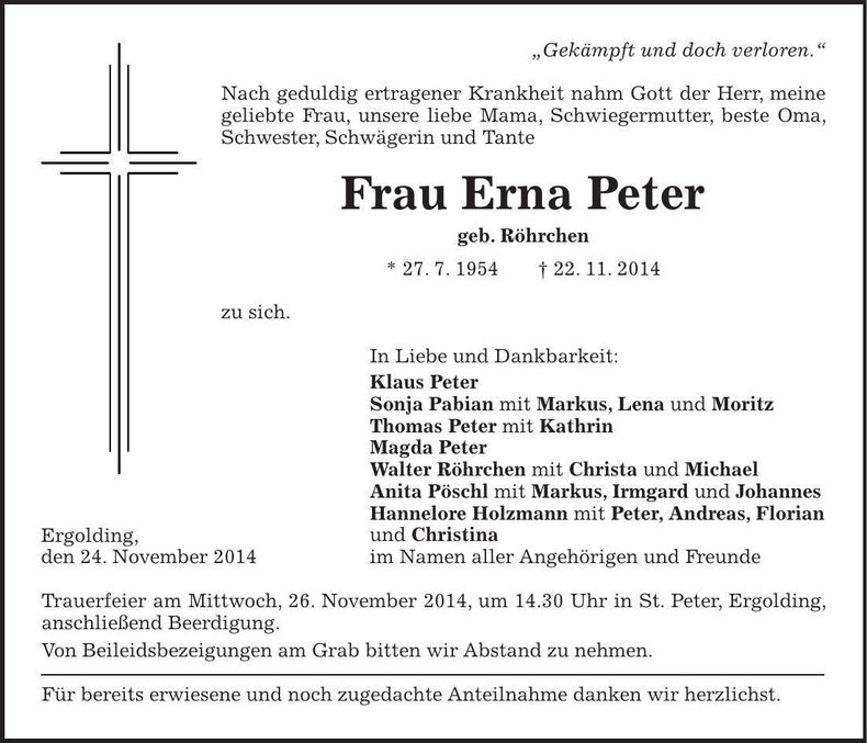 Traueranzeige Erna Peter