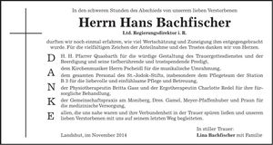 Traueranzeige Hans Bachfischer