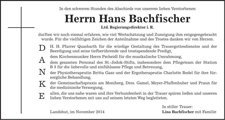 Traueranzeige Hans Bachfischer