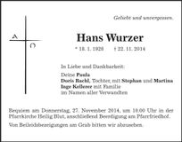 Traueranzeige Hans Wurzer