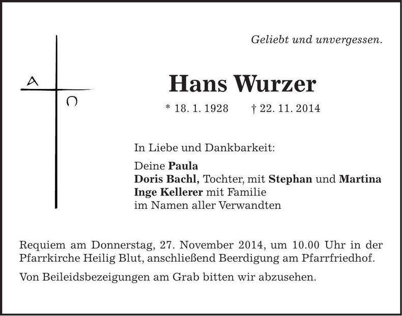 Traueranzeige Hans Wurzer