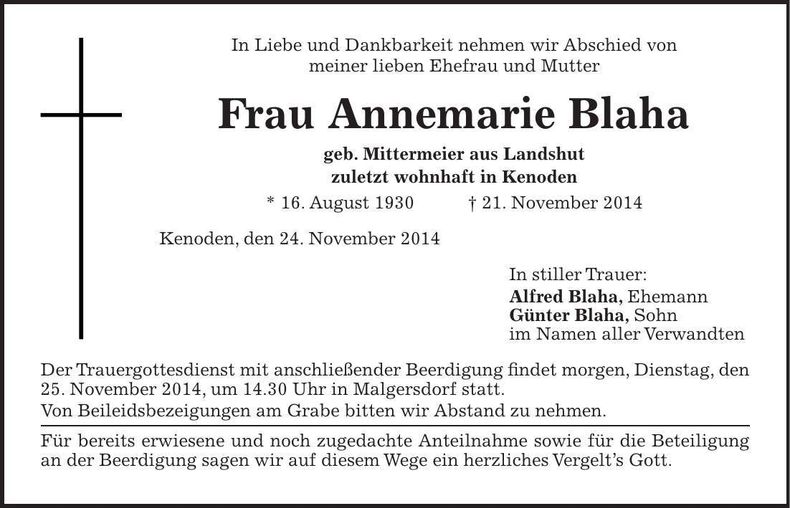 Traueranzeige Annemarie Blaha