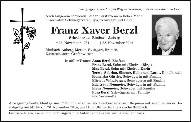 Traueranzeige Franz Xaver Berzl