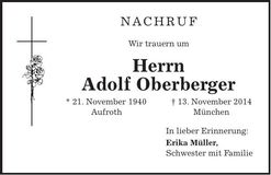 Traueranzeige Adolf Oberberger