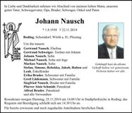 Traueranzeige Johann Nausch