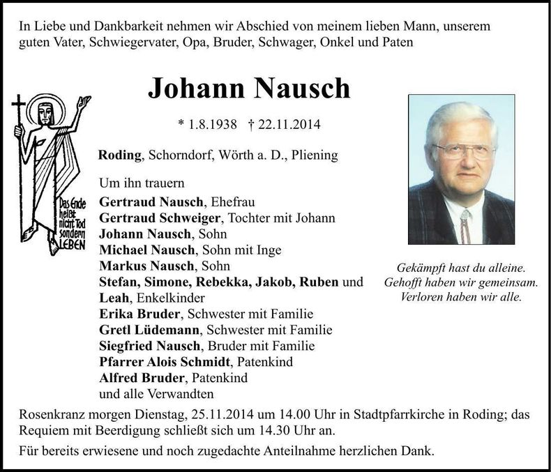 Traueranzeige Johann Nausch