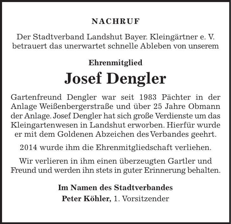 Traueranzeige Josef Dengler