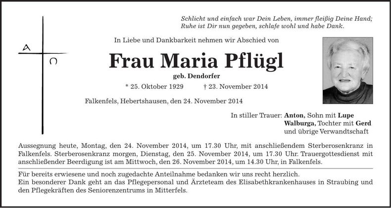 Traueranzeige Maria Pflügl