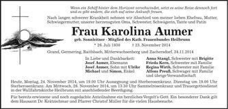 Traueranzeige Karolina Aumer