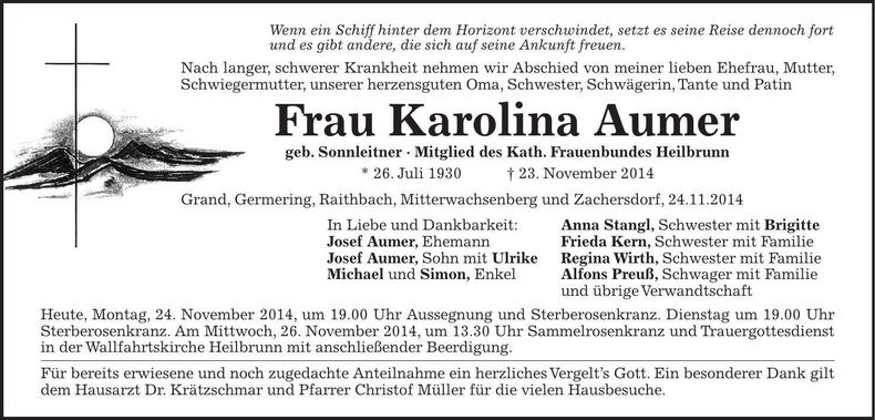Traueranzeige Karolina Aumer