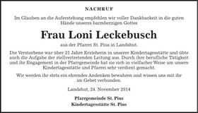 Traueranzeige Loni Leckebusch