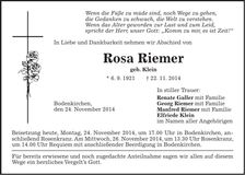 Traueranzeige Rosa Riemer