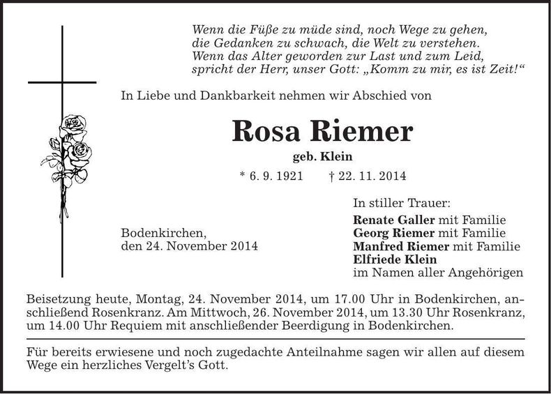 Traueranzeige Rosa Riemer