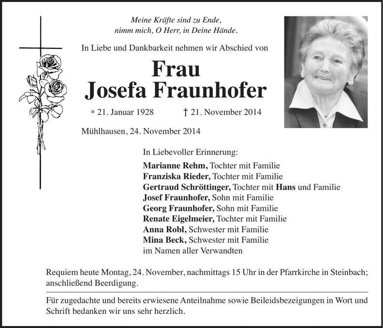 Traueranzeige Josefa Fraunhofer